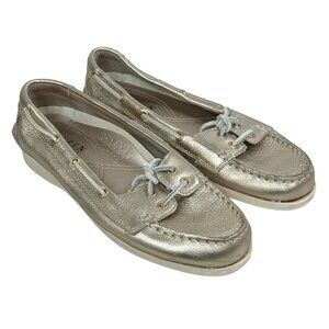 LAUREN Ralph Lauren Gold Leather Boat Shoes Womens Size 9 Nautical Flats Preppy